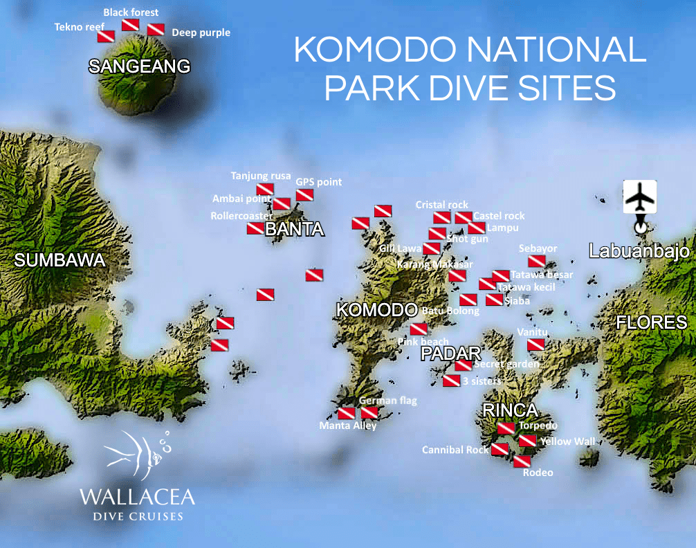 Komodo dive sites map, diving Sangean